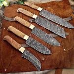5-Piece Handmade Damascus Chef Knife Set with Full-Tang Blades & Leather Roll